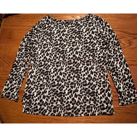 Mario Serrani Shirt Medium Women's Crew Neck Top Long Sleeve Leopard Print Brown - Picture 3 of 9